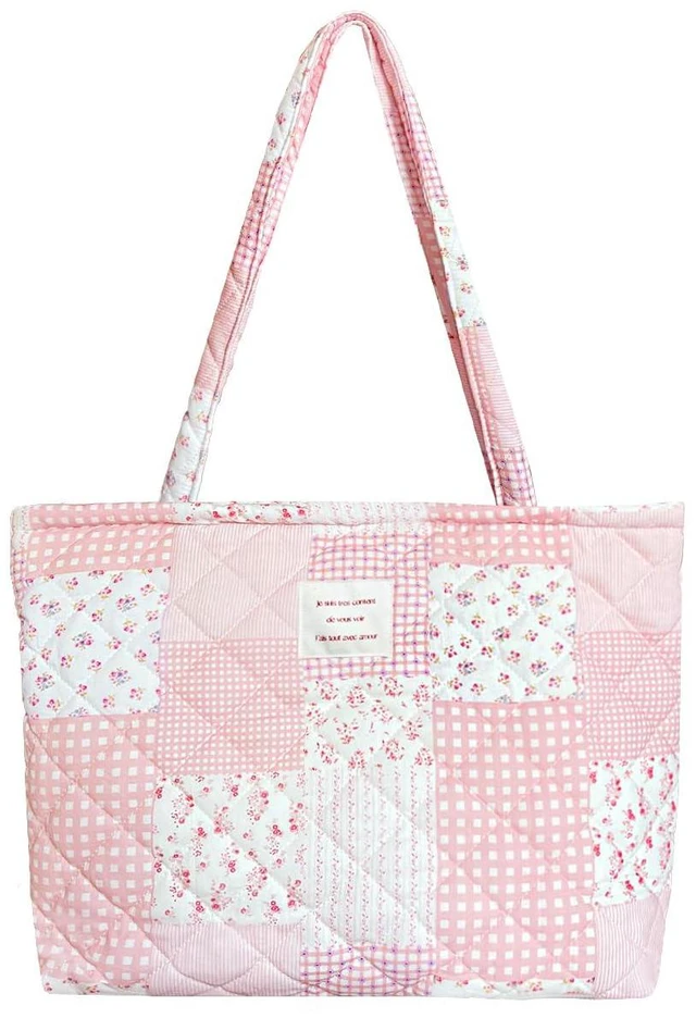 Main image of Top Zipper Floral Quilted Bag Small Tote Bag for Women | Cotton Handbag, Travel Shopping Work Bag, Everyday Purse, Lightweight