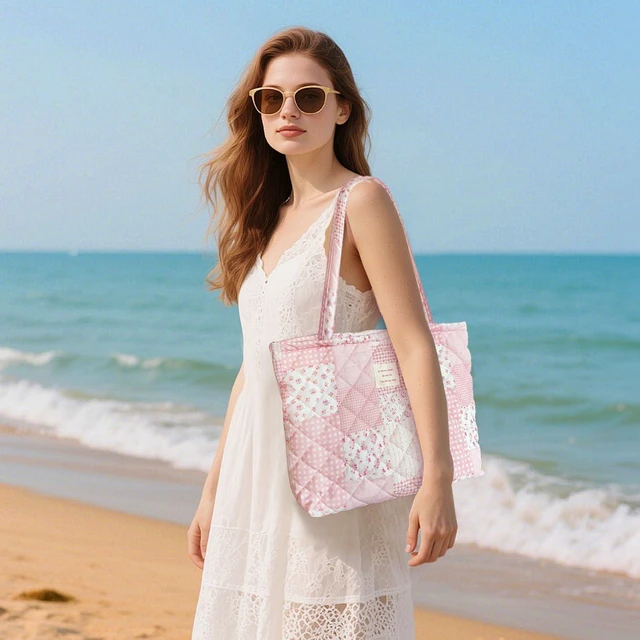 Alt view image 2 of 6 - Top Zipper Floral Quilted Bag Small Tote Bag for Women | Cotton Handbag, Travel Shopping Work Bag, Everyday Purse, Lightweight