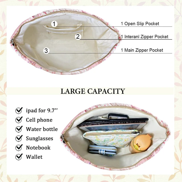 Alt view image 4 of 6 - Top Zipper Floral Quilted Bag Small Tote Bag for Women | Cotton Handbag, Travel Shopping Work Bag, Everyday Purse, Lightweight