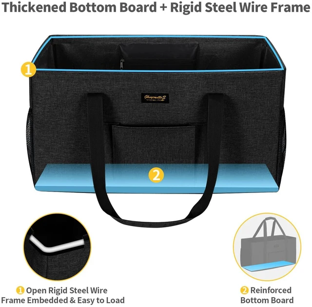 Alt view image 3 of 7 - Extra Large Utility Tote Bag, Stand Up Utility Tote with Metal Wire Frame & Hard Bottom Board, Reusable Grocery Bags With Handles, Extra Large Beach Bag, Collapsible Car Tote