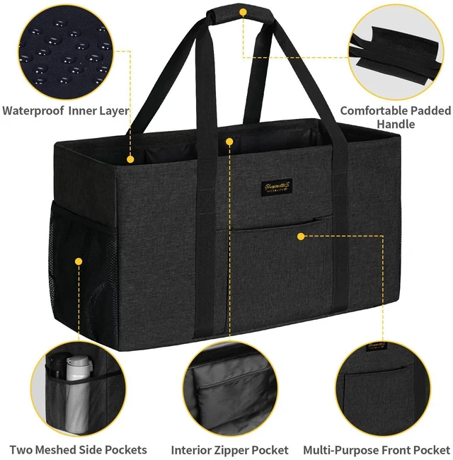 Alt view image 5 of 7 - Extra Large Utility Tote Bag, Stand Up Utility Tote with Metal Wire Frame & Hard Bottom Board, Reusable Grocery Bags With Handles, Extra Large Beach Bag, Collapsible Car Tote