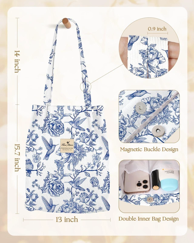 Alt view image 5 of 6 - Corduroy Tote Bag for Women Cute Design, Line Style Bird | Magnetic Buckle Closure, Inner Pocket, Reusable Aesthetic Shopping Bag, Work Travel, Shoulder Strap, Double-sided Print