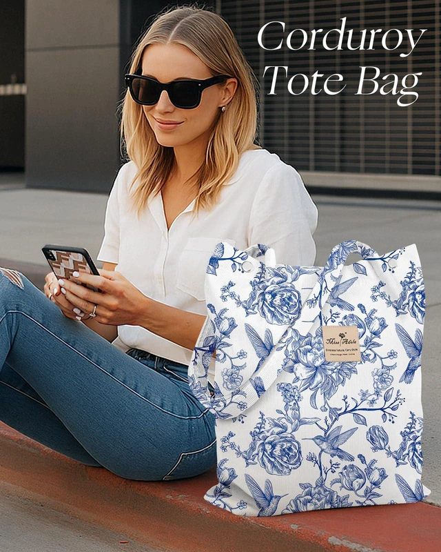 Alt view image 6 of 6 - Corduroy Tote Bag for Women Cute Design, Line Style Bird | Magnetic Buckle Closure, Inner Pocket, Reusable Aesthetic Shopping Bag, Work Travel, Shoulder Strap, Double-sided Print