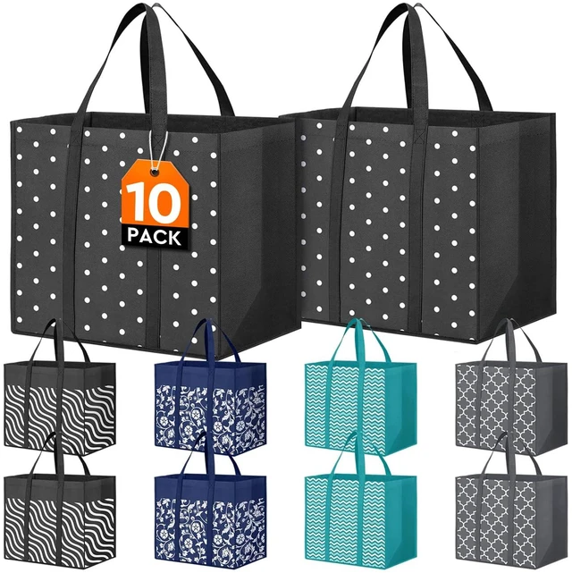Main image of 10 Pack Reusable Grocery Bags Waterproof Tote Bags for Shopping Groceries | 35L Large Capacity, Heavy-Duty, Waterproof, Lightweight, Foldable Tote with Sturdy Handles, Polka Dot Design