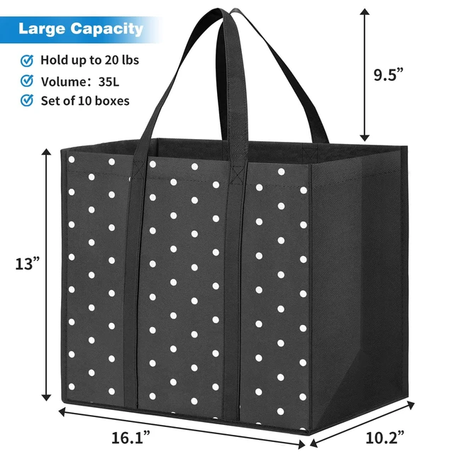 Alt view image 4 of 7 - 10 Pack Reusable Grocery Bags Waterproof Tote Bags for Shopping Groceries | 35L Large Capacity, Heavy-Duty, Waterproof, Lightweight, Foldable Tote with Sturdy Handles, Polka Dot Design