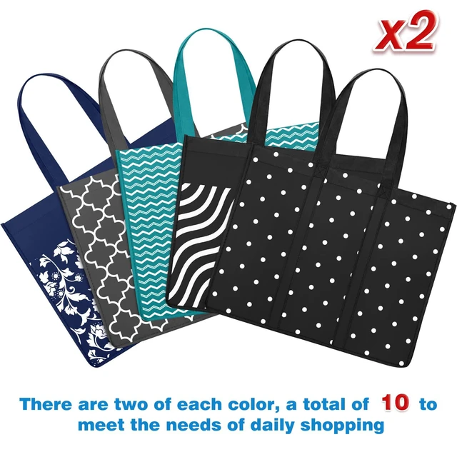 Alt view image 5 of 7 - 10 Pack Reusable Grocery Bags Waterproof Tote Bags for Shopping Groceries | 35L Large Capacity, Heavy-Duty, Waterproof, Lightweight, Foldable Tote with Sturdy Handles, Polka Dot Design