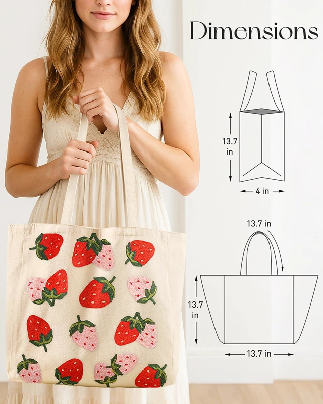 Alt view image 2 of 6 - Embroidery Canvas Tote Bag with Pocket & Buckle, Strawberry | Large Capacity, Aesthetic Style, Shoulder Carry, Reusable Cute Tote for Women, Grocery Bag for Work Shopping