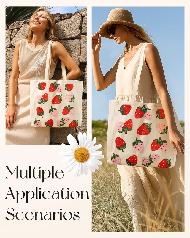 Alt view image 6 of 6 - Embroidery Canvas Tote Bag with Pocket & Buckle, Strawberry | Large Capacity, Aesthetic Style, Shoulder Carry, Reusable Cute Tote for Women, Grocery Bag for Work Shopping