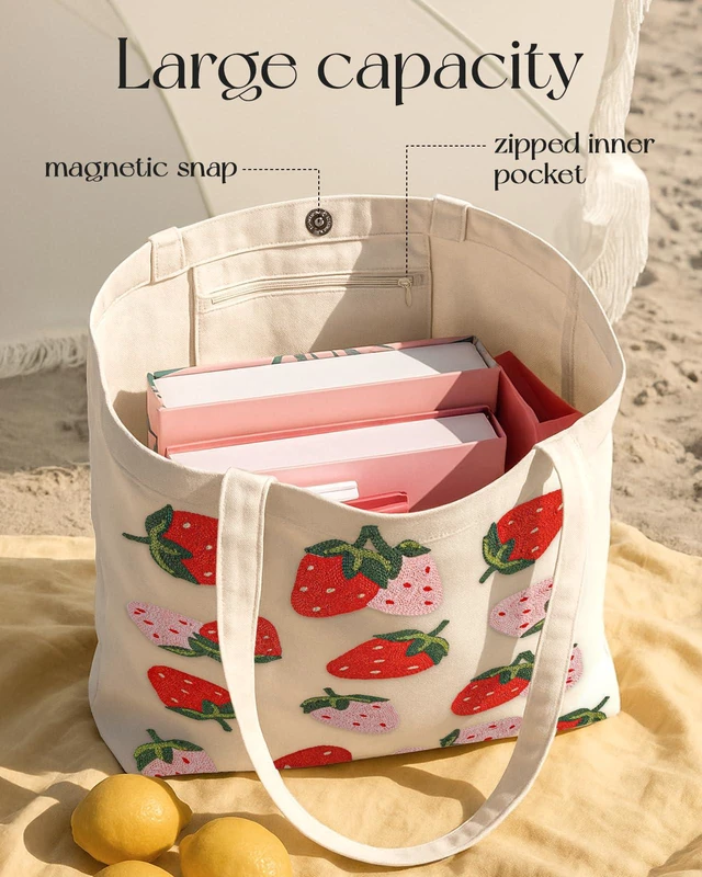 Alt view image 5 of 6 - Embroidery Canvas Tote Bag with Pocket & Buckle, Strawberry | Large Capacity, Aesthetic Style, Shoulder Carry, Reusable Cute Tote for Women, Grocery Bag for Work Shopping