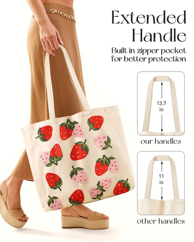 Alt view image 4 of 6 - Embroidery Canvas Tote Bag with Pocket & Buckle, Strawberry | Large Capacity, Aesthetic Style, Shoulder Carry, Reusable Cute Tote for Women, Grocery Bag for Work Shopping