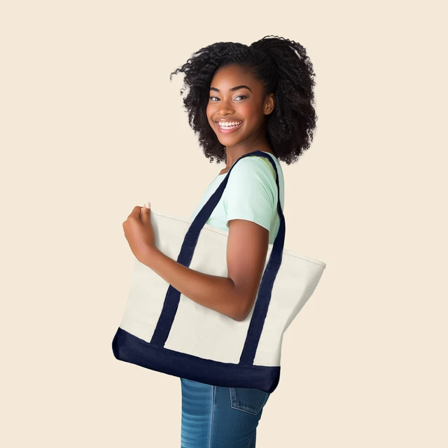 Alt view image 2 of 6 - 22" Large Cotton Canvas Zippered Shopping Tote Grocery Bag in Navy Blue