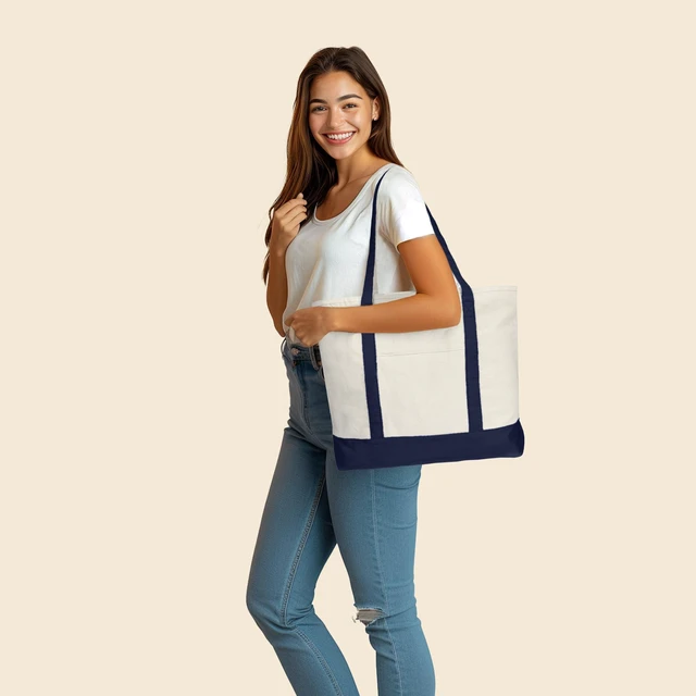 Alt view image 4 of 6 - 22" Large Cotton Canvas Zippered Shopping Tote Grocery Bag in Navy Blue