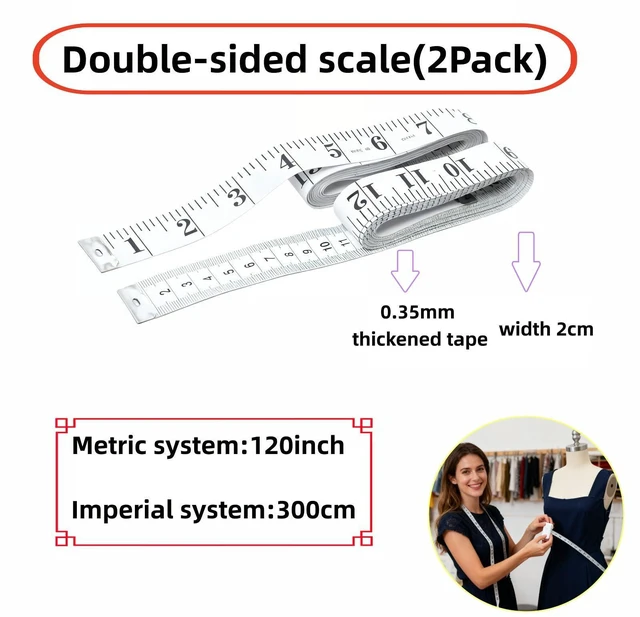 Alt view image 2 of 7 - Upgraded 2-Pack Soft Tape Measure, 120-Inch & 300cm Extra Long & Wide, Dual-Scale Flexible Body Measuring Tape for Sewing, Weight Loss, Tailor - Easy-Read Large Numbers, Non-Stretch Vinyl Ruler