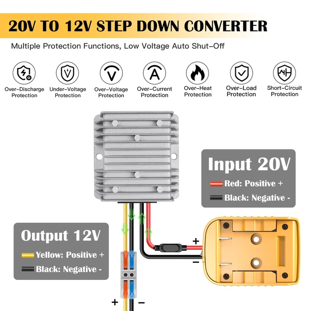 Alt view image 3 of 7 - 20V to 12V Step Down Converter for Dewalt 20V Battery, 240W DC Battery Conversion Kit for Power Wheel Adapter, Ride On Toy Car, DIY Projects, Voltage Regulator with Switch & Over-Discharge Protection