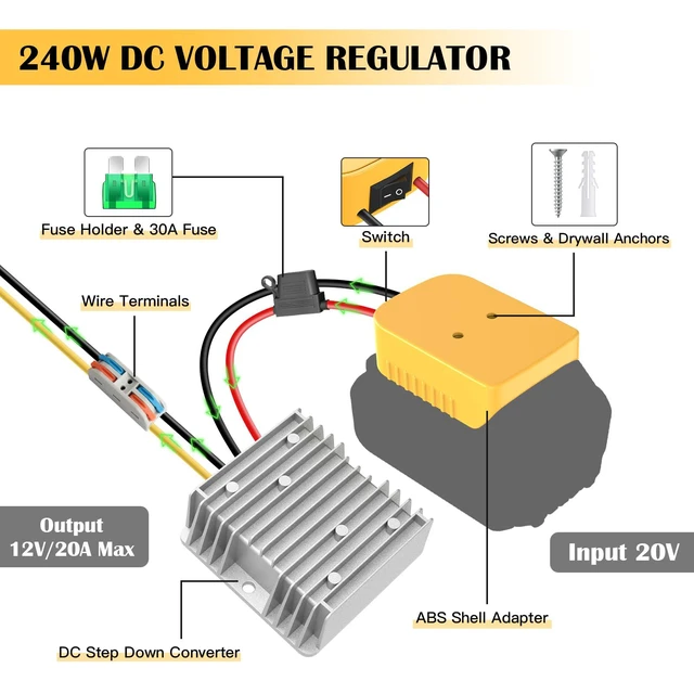 Alt view image 6 of 7 - 20V to 12V Step Down Converter for Dewalt 20V Battery, 240W DC Battery Conversion Kit for Power Wheel Adapter, Ride On Toy Car, DIY Projects, Voltage Regulator with Switch & Over-Discharge Protection