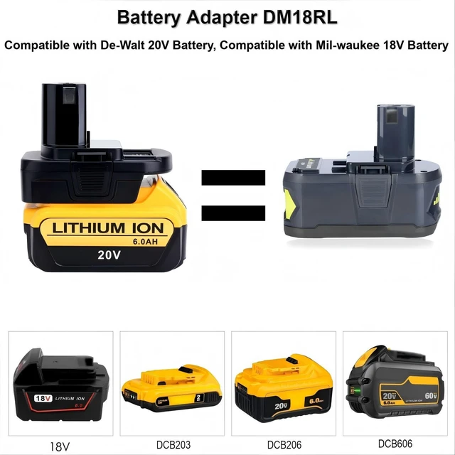 Alt view image 3 of 7 - DM18RL Battery Adapter Compatible with Ryobi 18V One+ Tools | Adapter Compatible with De-Walt 20V MAX & Compatible with Mil-waukee 18V Batteries to Replacement for Ryobi 18V ONE+ Battery