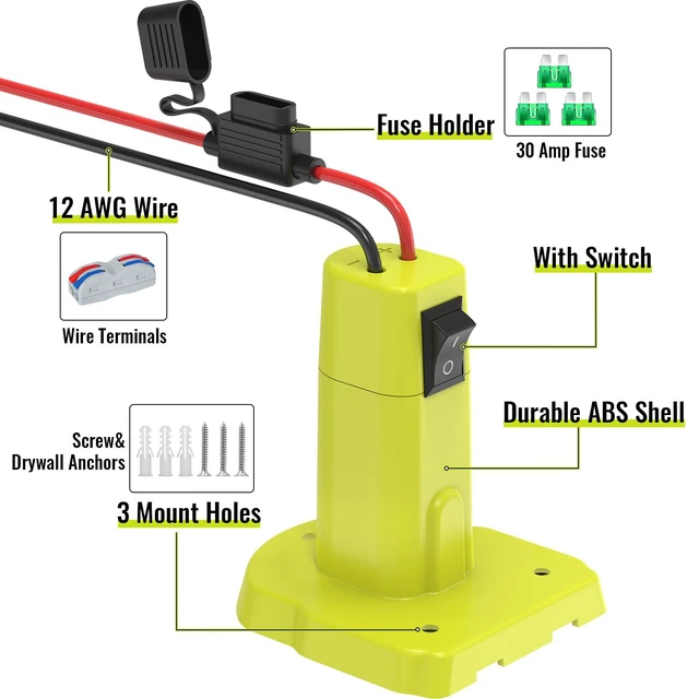 Alt view image 2 of 7 - 1 Pack Power Wheel Adapter Compatible with Ryobi 18V Battery | Upgraded Battery Converter Kit with Switch, Fuse & Wire Terminals, 12 AWG Wire, Power Connector for DIY RC Car Toys Robotics