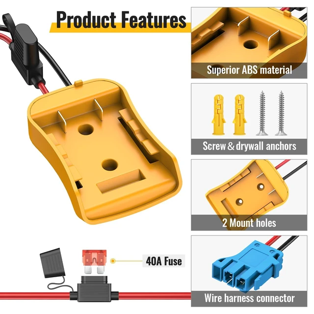 Alt view image 2 of 6 - Battery Adapter Converter Compatible with Dewalt 20V Battery | Connector Compatible with Peg-Perego 12V Cars, 12AWG Wire, 40A Fuse Holder, Screw & Drywall Anchors, Easy to Secure