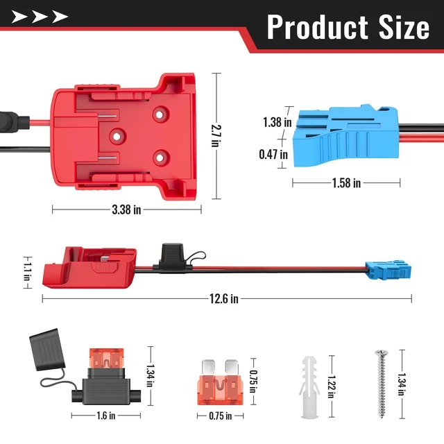 Alt view image 3 of 6 - Battery Adapter Compatible with Milwaukee 18V Battery | Connector Compatible with Peg-Perego 12V Cars, 12AWG Wire, 40A Fuse Holder, Screw & Drywall Anchors, Easy to Secure