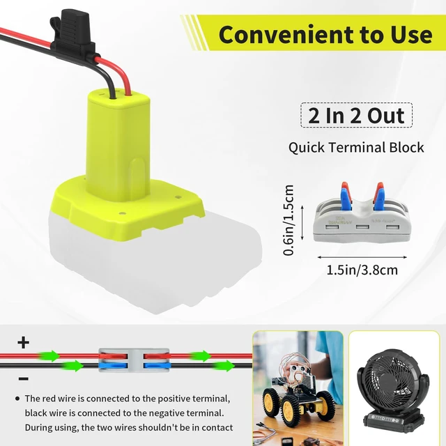 Alt view image 6 of 7 - 2 Pack for Power Wheel Adapter Compatible with Ryobi 18V Battery | 12AWG Wire, Fuse Holder, 3×30A Fuses & Wire Terminals for Ride-On Toys, DIY Projects, Robotics & Camping