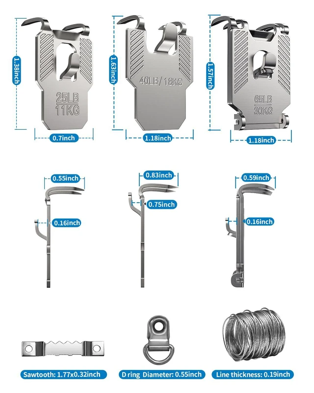 Alt view image 2 of 7 - 111Pcs Picture Hanging Kit Hooks 25 40 65 LB Drywall Hangers Claw | No Damage Heavy Duty Tool Nail Free Wall Hanger Sawtooth Wire Hardware for Room Office Mirror Photo Poster Frame Decor