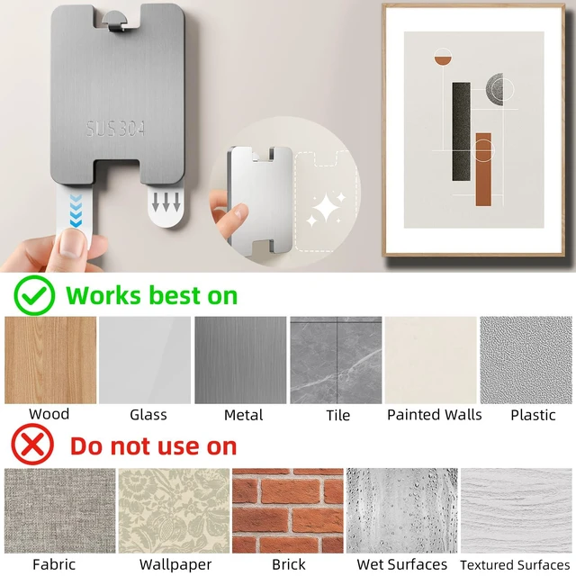 Alt view image 6 of 7 - 8Pcs Picture Hanging Hooks for Drywall, Damage Free Picture Hangers Without Nails, Universal Frame Hangers for Art Picture Mirror Photo Poster Painting Hanger Hardware Kit 8 lb
