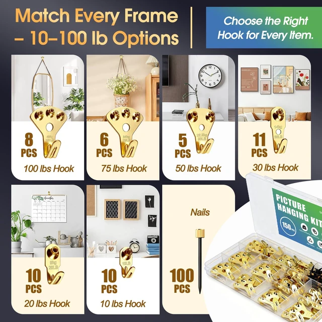 Alt view image 2 of 7 - 150Pcs Heavy Duty Picture Hangers Kit, Supports 10-100 lbs Premium Wall Hanging Hooks with Nails for Drywall & Wood, Ideal for Pictures, Clocks, Mirrors, and Home Decor