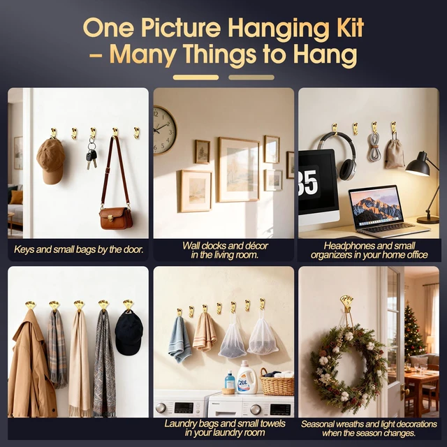 Alt view image 4 of 7 - 150Pcs Heavy Duty Picture Hangers Kit, Supports 10-100 lbs Premium Wall Hanging Hooks with Nails for Drywall & Wood, Ideal for Pictures, Clocks, Mirrors, and Home Decor