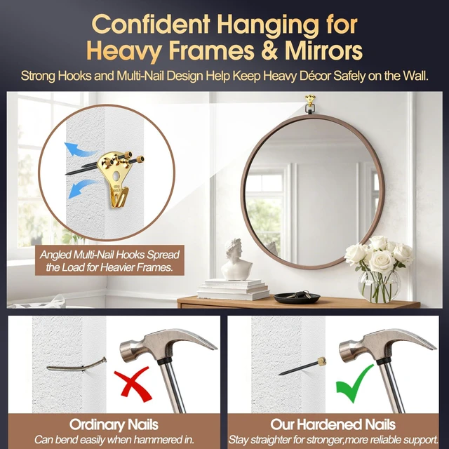 Alt view image 5 of 7 - 150Pcs Heavy Duty Picture Hangers Kit, Supports 10-100 lbs Premium Wall Hanging Hooks with Nails for Drywall & Wood, Ideal for Pictures, Clocks, Mirrors, and Home Decor