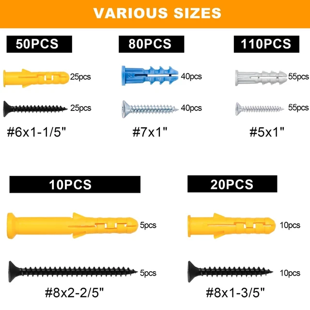 Alt view image 7 of 7 - Drywall Anchors and Screws Assortment Kit, 270Pcs Dry Wall Anchors | 135 Plastic Wall Expansion Anchors and 135 Phillips Flat Head Wood Screws, Replaces Picture Nails for concrete/brick/stucco