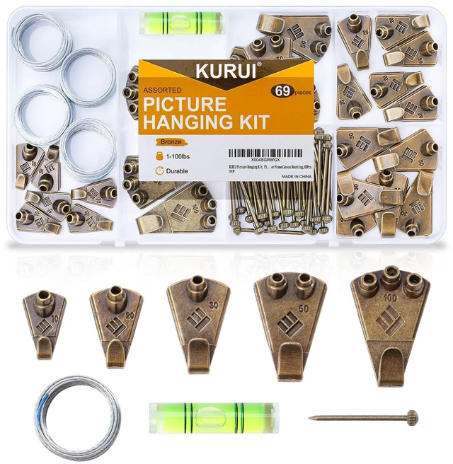 Main image of Bronze Metal Picture Hanging Kit with 10lb-100lb Picture Hangers | 5 Sizes Heavy Duty Picture Wall Hooks with Nails, Wire & Level for Art, Canvas, Frames & Home Decor - 69 Pcs