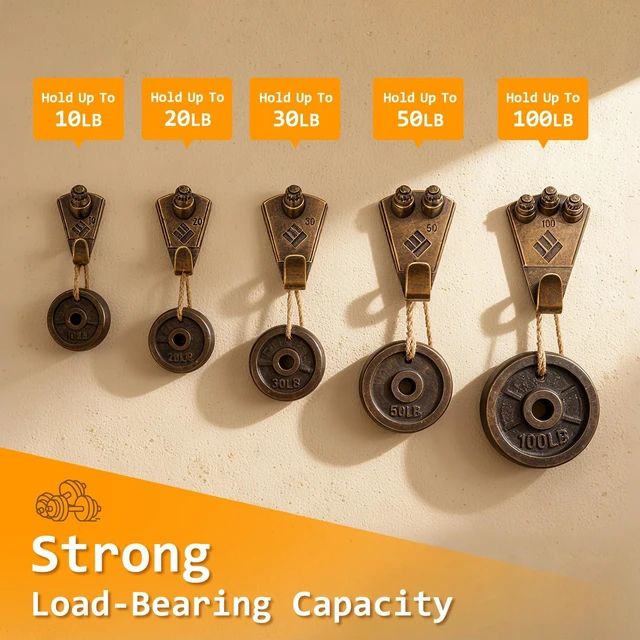 Alt view image 3 of 7 - Bronze Metal Picture Hanging Kit with 10lb-100lb Picture Hangers | 5 Sizes Heavy Duty Picture Wall Hooks with Nails, Wire & Level for Art, Canvas, Frames & Home Decor - 69 Pcs