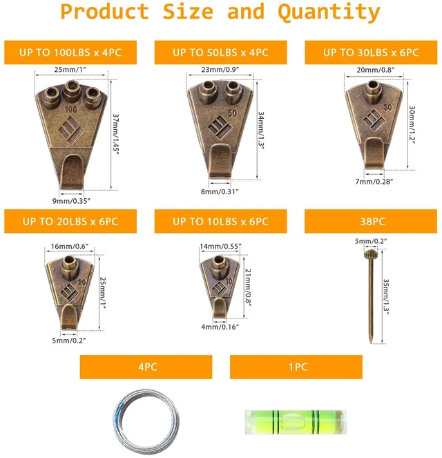 Alt view image 4 of 7 - Bronze Metal Picture Hanging Kit with 10lb-100lb Picture Hangers | 5 Sizes Heavy Duty Picture Wall Hooks with Nails, Wire & Level for Art, Canvas, Frames & Home Decor - 69 Pcs