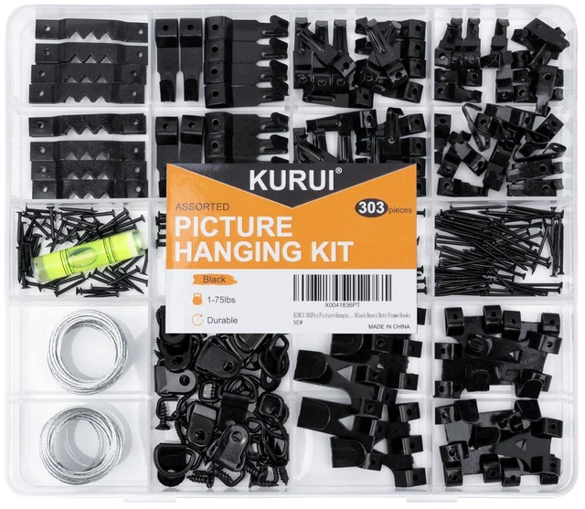 Main image of 303Pcs Picture Hangers for Wall Art Decor Tapestry, Picture Hanging Kit With Heavy Duty Wall Hooks, Sawtooth, Picture Wire, D Rings, Hardware Nails, Eye Hooks, Black Frame Hooks for Drywall Wood