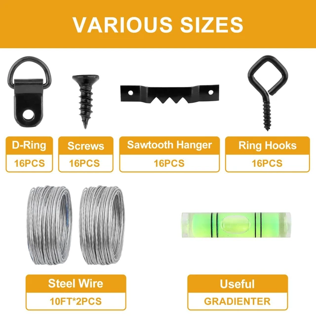 Alt view image 6 of 7 - 303Pcs Picture Hangers for Wall Art Decor Tapestry, Picture Hanging Kit With Heavy Duty Wall Hooks, Sawtooth, Picture Wire, D Rings, Hardware Nails, Eye Hooks, Black Frame Hooks for Drywall Wood