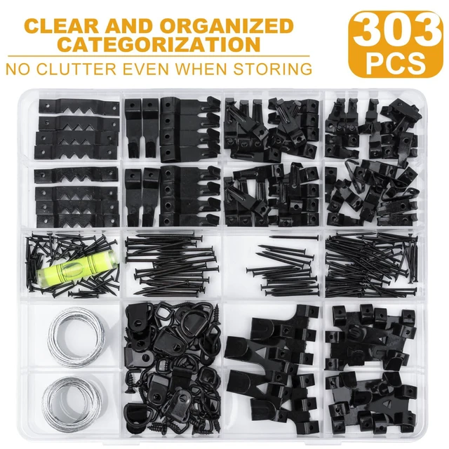 Alt view image 2 of 7 - 303Pcs Picture Hangers for Wall Art Decor Tapestry, Picture Hanging Kit With Heavy Duty Wall Hooks, Sawtooth, Picture Wire, D Rings, Hardware Nails, Eye Hooks, Black Frame Hooks for Drywall Wood