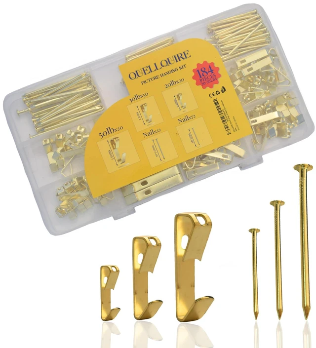 Main image of 184 Pieces Picture Hanging Kit Picture Hangers & Wall Hooks for Hanging 20lb, 30lb, 50lb Wall Hangers Frame Hanging kit with Metal Hooks and Nails for Drywall, Wooden Walls & More(Gold)