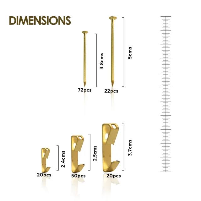 Alt view image 2 of 7 - 184 Pieces Picture Hanging Kit Picture Hangers & Wall Hooks for Hanging 20lb, 30lb, 50lb Wall Hangers Frame Hanging kit with Metal Hooks and Nails for Drywall, Wooden Walls & More(Gold)