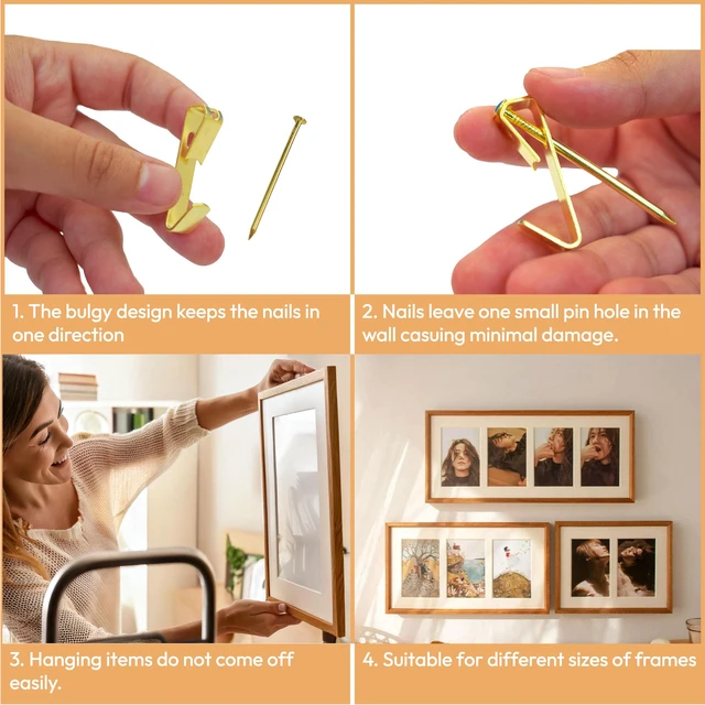 Alt view image 5 of 7 - 184 Pieces Picture Hanging Kit Picture Hangers & Wall Hooks for Hanging 20lb, 30lb, 50lb Wall Hangers Frame Hanging kit with Metal Hooks and Nails for Drywall, Wooden Walls & More(Gold)
