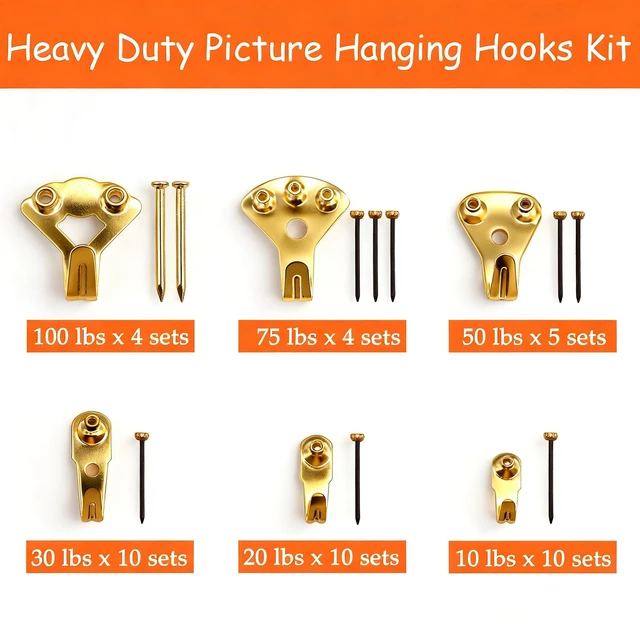 Alt view image 2 of 7 - Picture Hanging Kit 103 PCS Heavy Duty Picture Hangers Hooks (10-100lbs) with Nails, Gold Picture Hanging Hooks for Drywall & Wooden & Plaster Wall6 Models