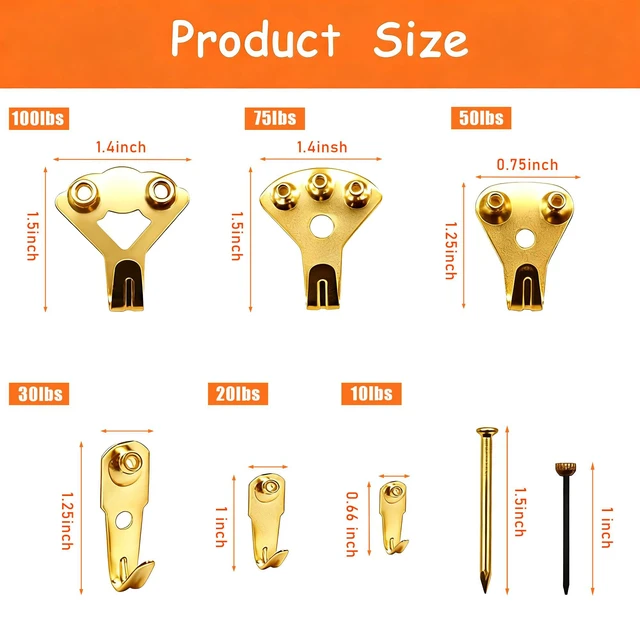Alt view image 3 of 7 - Picture Hanging Kit 103 PCS Heavy Duty Picture Hangers Hooks (10-100lbs) with Nails, Gold Picture Hanging Hooks for Drywall & Wooden & Plaster Wall6 Models