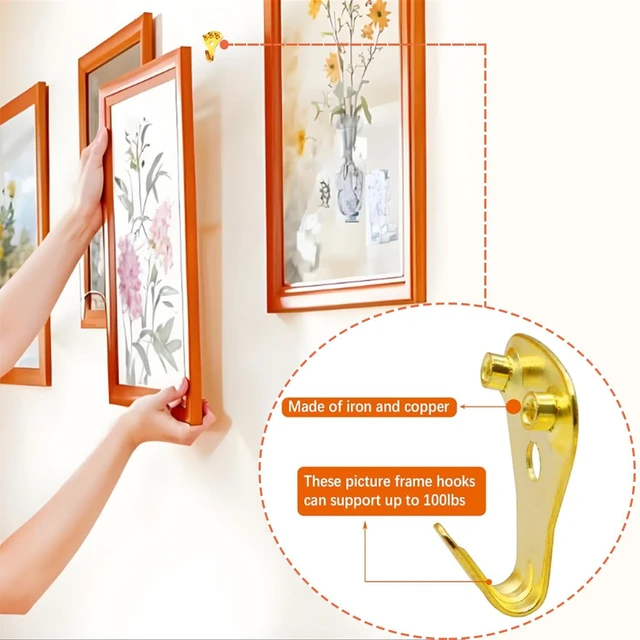 Alt view image 4 of 7 - Picture Hanging Kit 103 PCS Heavy Duty Picture Hangers Hooks (10-100lbs) with Nails, Gold Picture Hanging Hooks for Drywall & Wooden & Plaster Wall6 Models