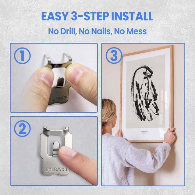 Alt view image 3 of 7 - 20 Pack Claw Drywall Picture Hangers - Heavy Duty No Drill Wall Hanging Hooks Supports 20LB, Hardened Steel Picture Hanging Kit for Drywall, Strong Wall Mount Hangers for Heavy Frames, Mirror, Art