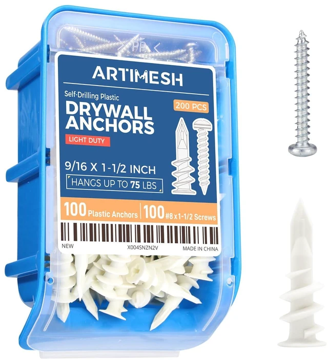 Main image of 200PCs Self Drilling Drywall Anchors Kit - 75LB Heavy Duty Plastic Drywall Hangers with 100 Self-Tapping Screws - Mounting Hardware for Sheetrock Anchors