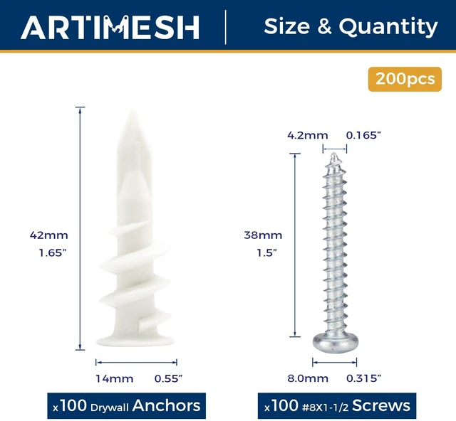 Alt view image 2 of 6 - 200PCs Self Drilling Drywall Anchors Kit - 75LB Heavy Duty Plastic Drywall Hangers with 100 Self-Tapping Screws - Mounting Hardware for Sheetrock Anchors