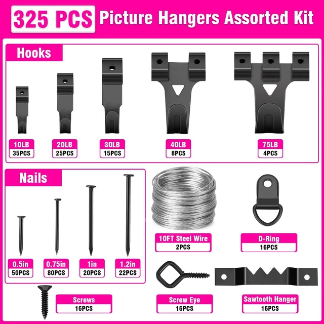 Alt view image 2 of 7 - Picture Hanging Kit, 327Pcs Picture Hangers | Hooks, Nails, Wires, Level & Hammer, Wall Hanging Hardware Kit for Frame, Painting, Art, Photo, Home & Office Decor