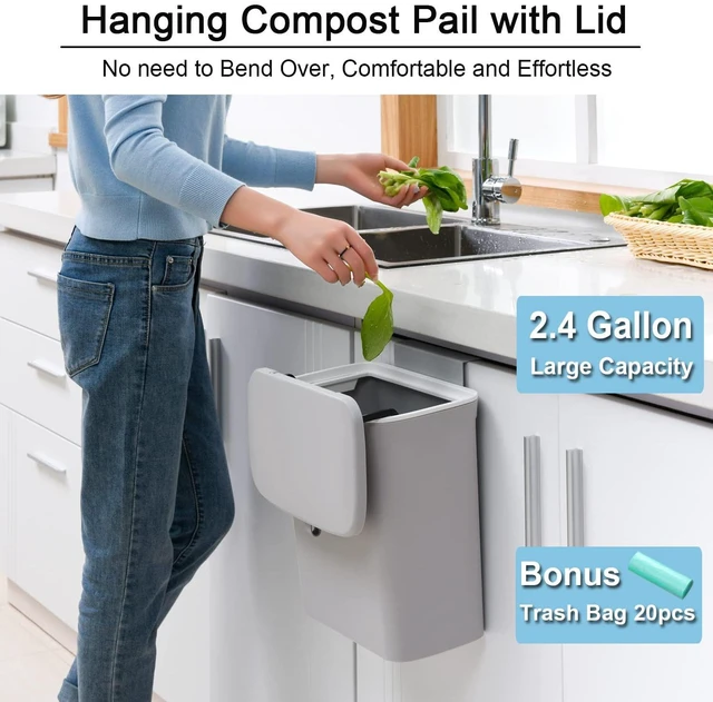 Alt view image 2 of 7 - 2.4 Gallon Kitchen Compost Bin for Counter Top or Under Sink, Hanging Small Trash Can with Lid for Cupboard/Bathroom/Bedroom/Office/Camping, Mountable Indoor Compost Bucket, Gray