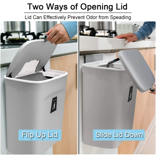 Alt view image 3 of 7 - 2.4 Gallon Kitchen Compost Bin for Counter Top or Under Sink, Hanging Small Trash Can with Lid for Cupboard/Bathroom/Bedroom/Office/Camping, Mountable Indoor Compost Bucket, Gray