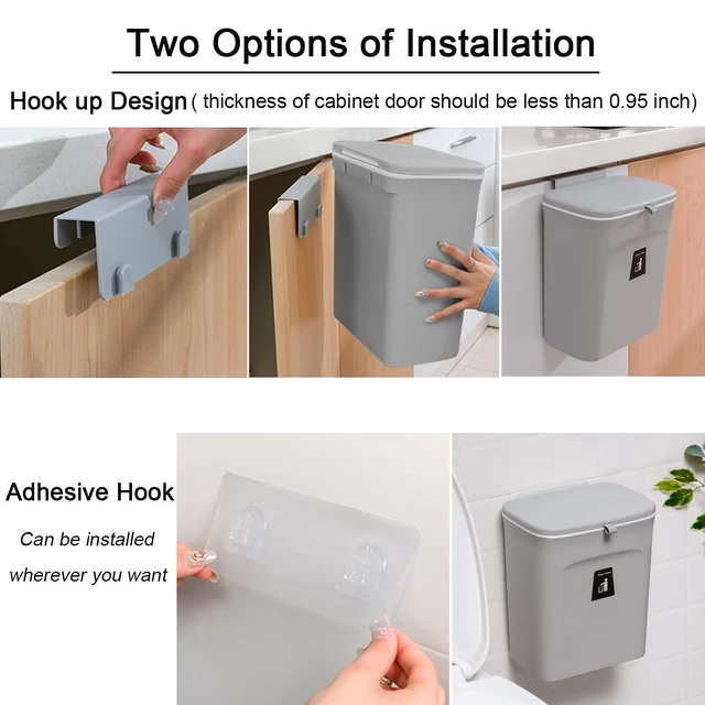 Alt view image 4 of 7 - 2.4 Gallon Kitchen Compost Bin for Counter Top or Under Sink, Hanging Small Trash Can with Lid for Cupboard/Bathroom/Bedroom/Office/Camping, Mountable Indoor Compost Bucket, Gray