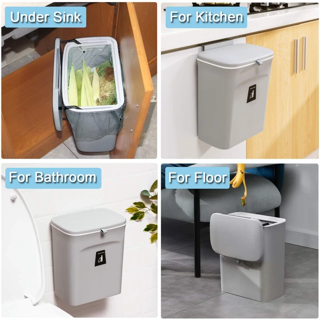 Alt view image 6 of 7 - 2.4 Gallon Kitchen Compost Bin for Counter Top or Under Sink, Hanging Small Trash Can with Lid for Cupboard/Bathroom/Bedroom/Office/Camping, Mountable Indoor Compost Bucket, Gray
